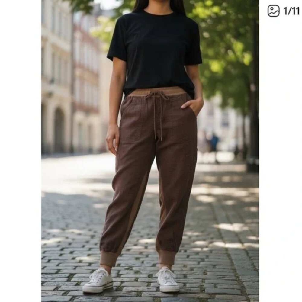 Anthropologie The Nomad Jogger Pants Linen Brown High Waist sz L Boho Lagenlook - Picture 4 of 14